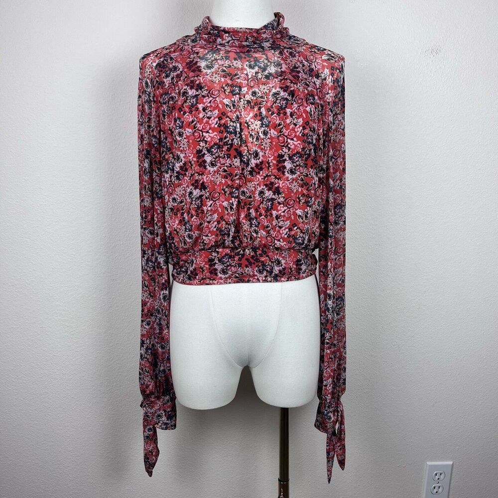 Free People Shirt Womens Medium All Dolled Up Mock Neck Floral Mesh Bohemian Red